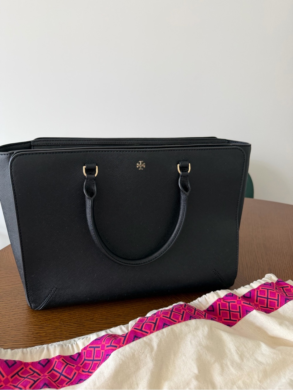 Tory Burch Black Saffiano Leather Top-Handle Satchel with Gold Hardware